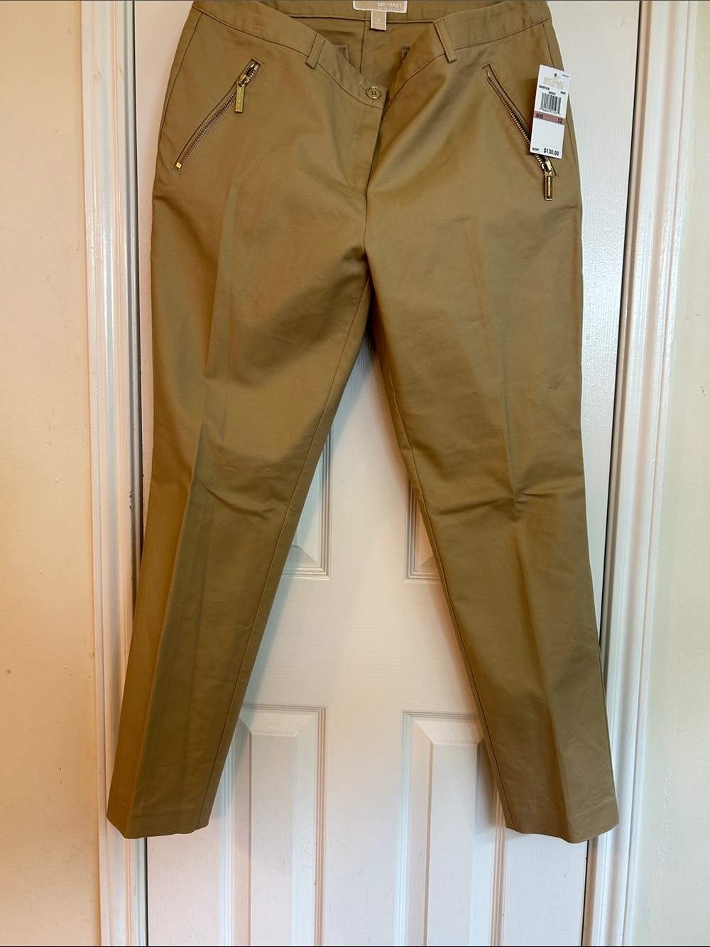 Michael Kors Olive-Tan Straight Leg Chino Pants with Zip Pockets